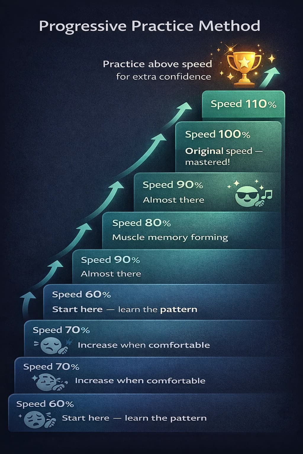 Illustration of the progressive practice method for music learning with reduced speed: from 60% to 100% in gradual steps