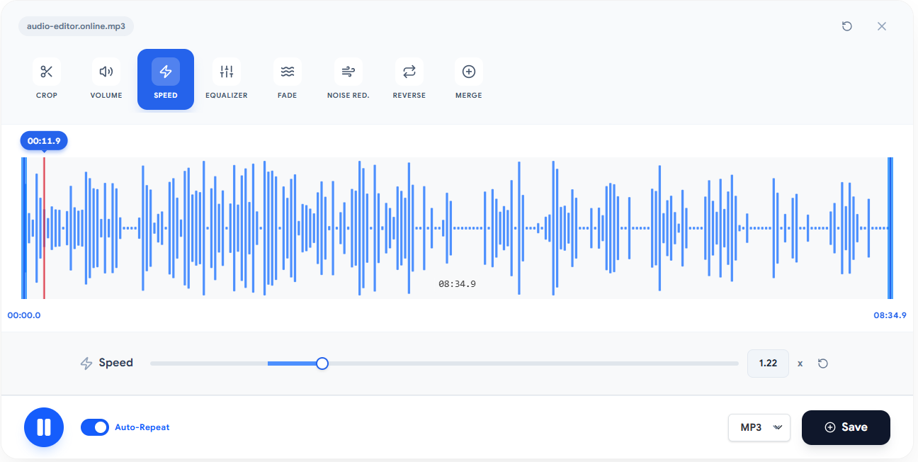 Audio-Editor Online screenshot with the speed tool open and playback speed set to 1.22x