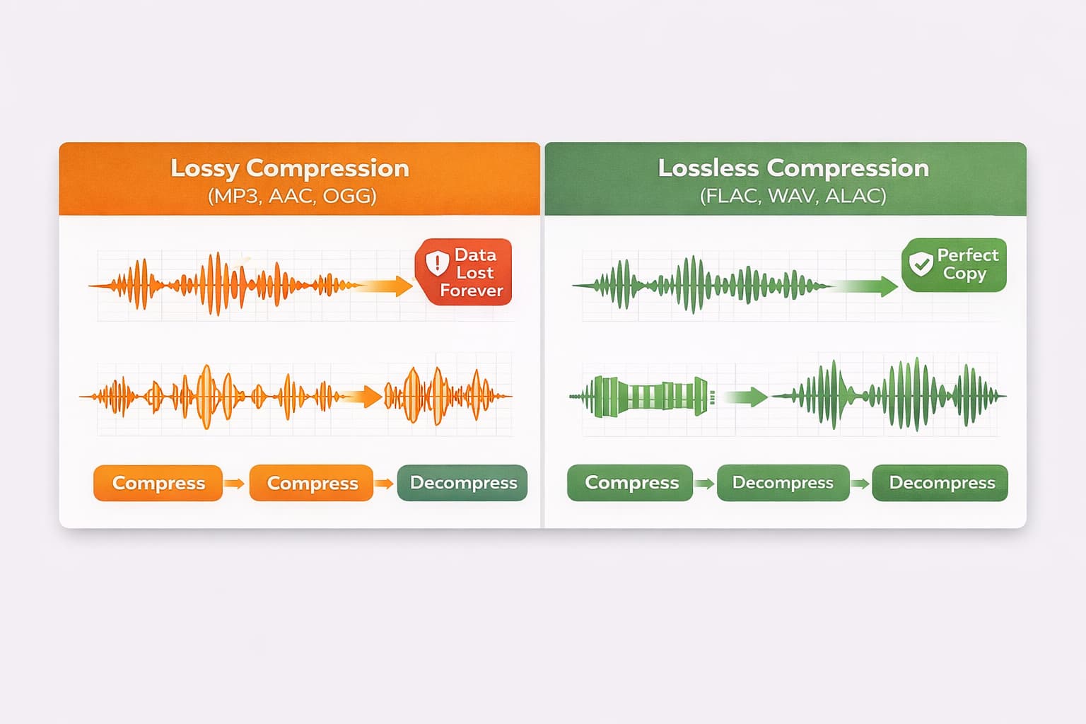 Diagrama explicando a diferença entre compressão lossy (com perda, como MP3) e lossless (sem perda, como FLAC e WAV)