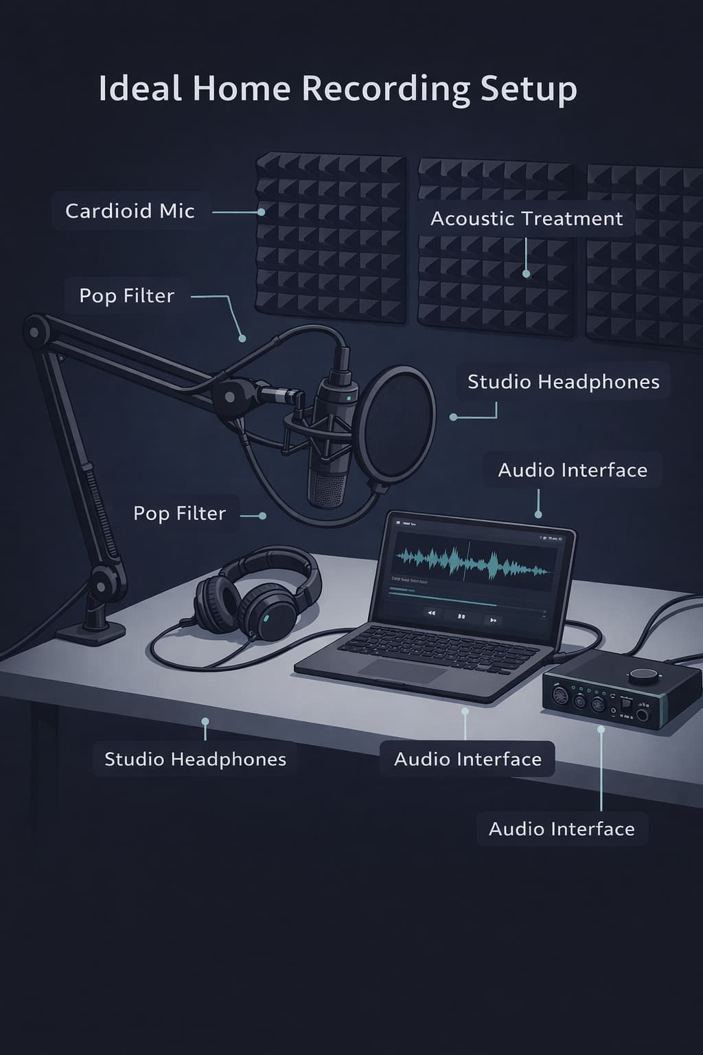Illustration of an ideal home recording setup for podcasts with a cardioid microphone, audio interface, and acoustic treatment panels