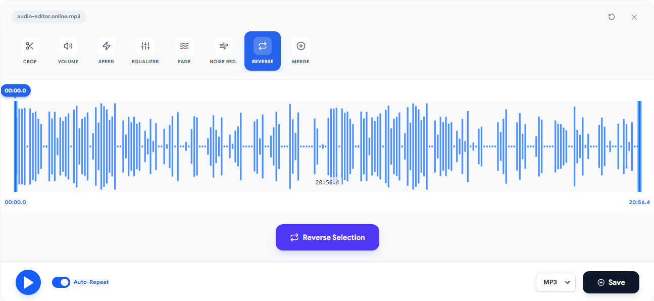 Audio reverse tool screenshot with a waveform and button to reverse the selection