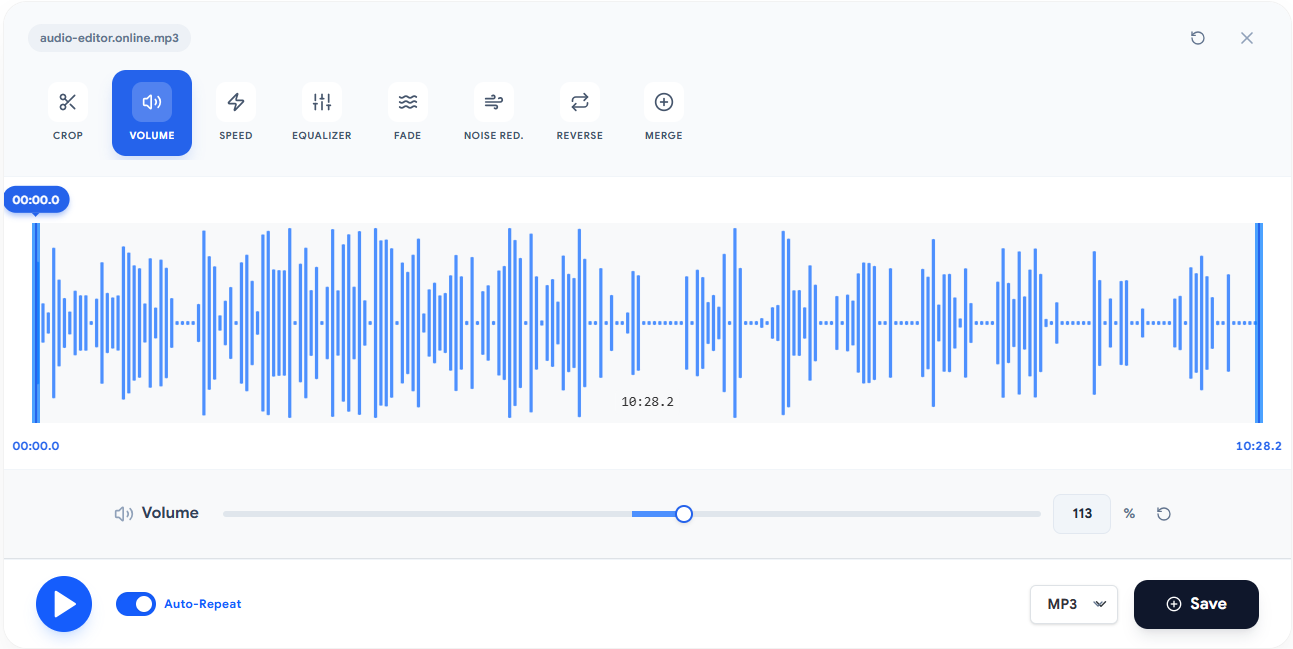 Captura do Audio-Editor Online com a ferramenta de volume aberta, forma de onda e ajuste em 113%