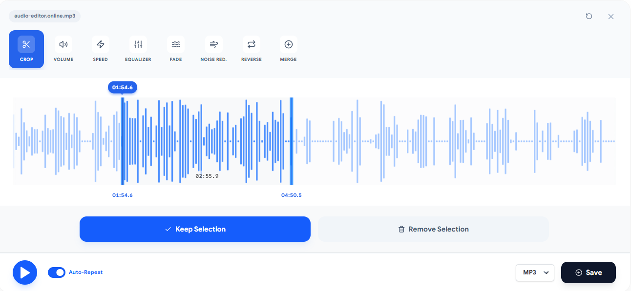 Audio cutting tool screenshot with a selected waveform region and keep or remove options