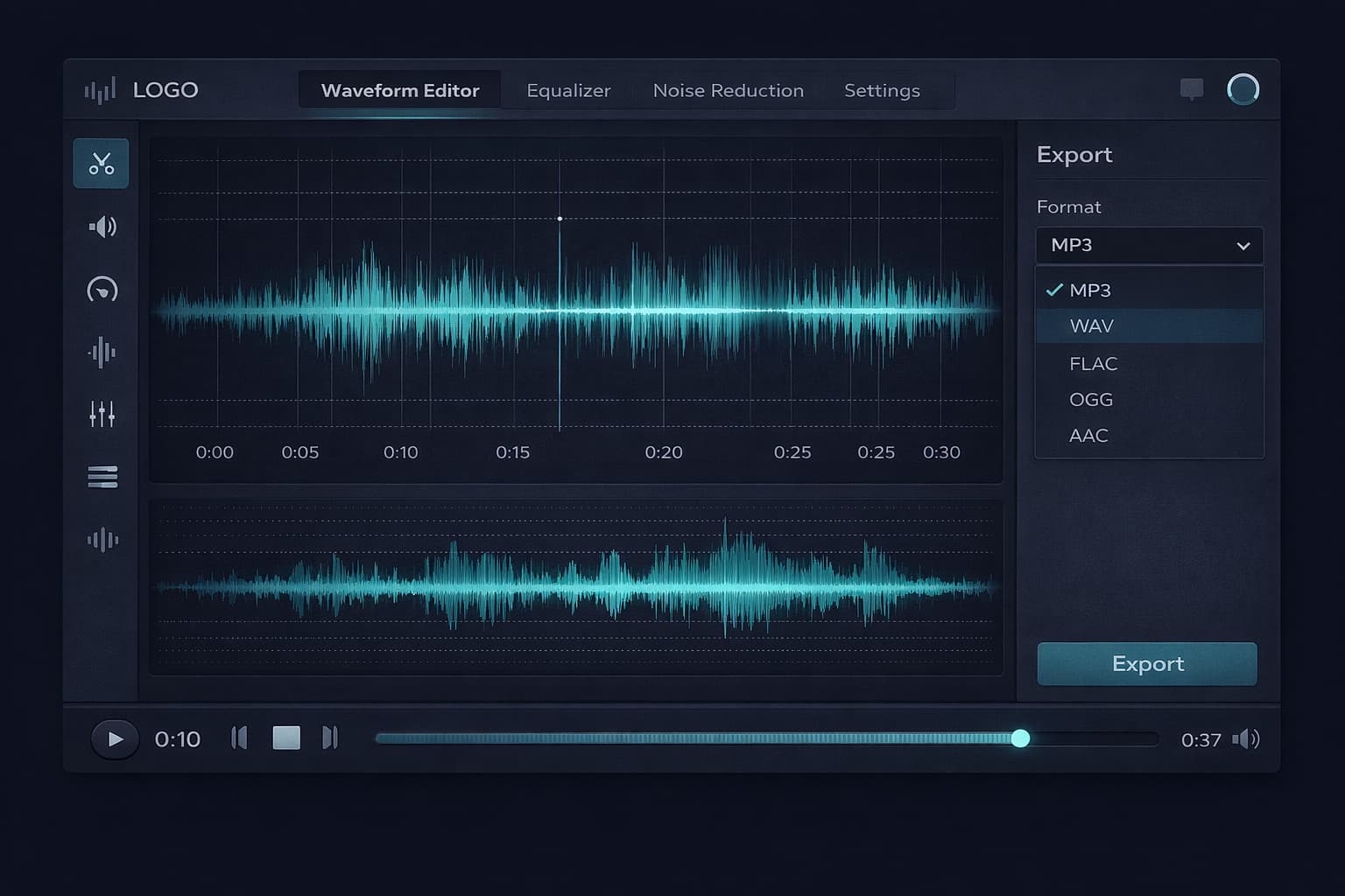 Complete online audio editor interface with waveform, editing tools, and export controls — Audio-Editor Online
