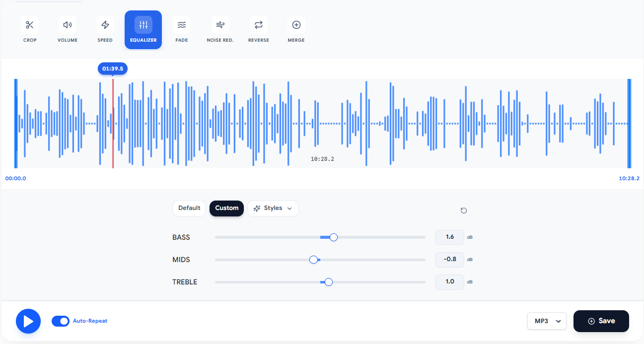 Audio editor screenshot with cut, volume, speed, equalizer, fade, noise reduction, reverse, and merge tools
