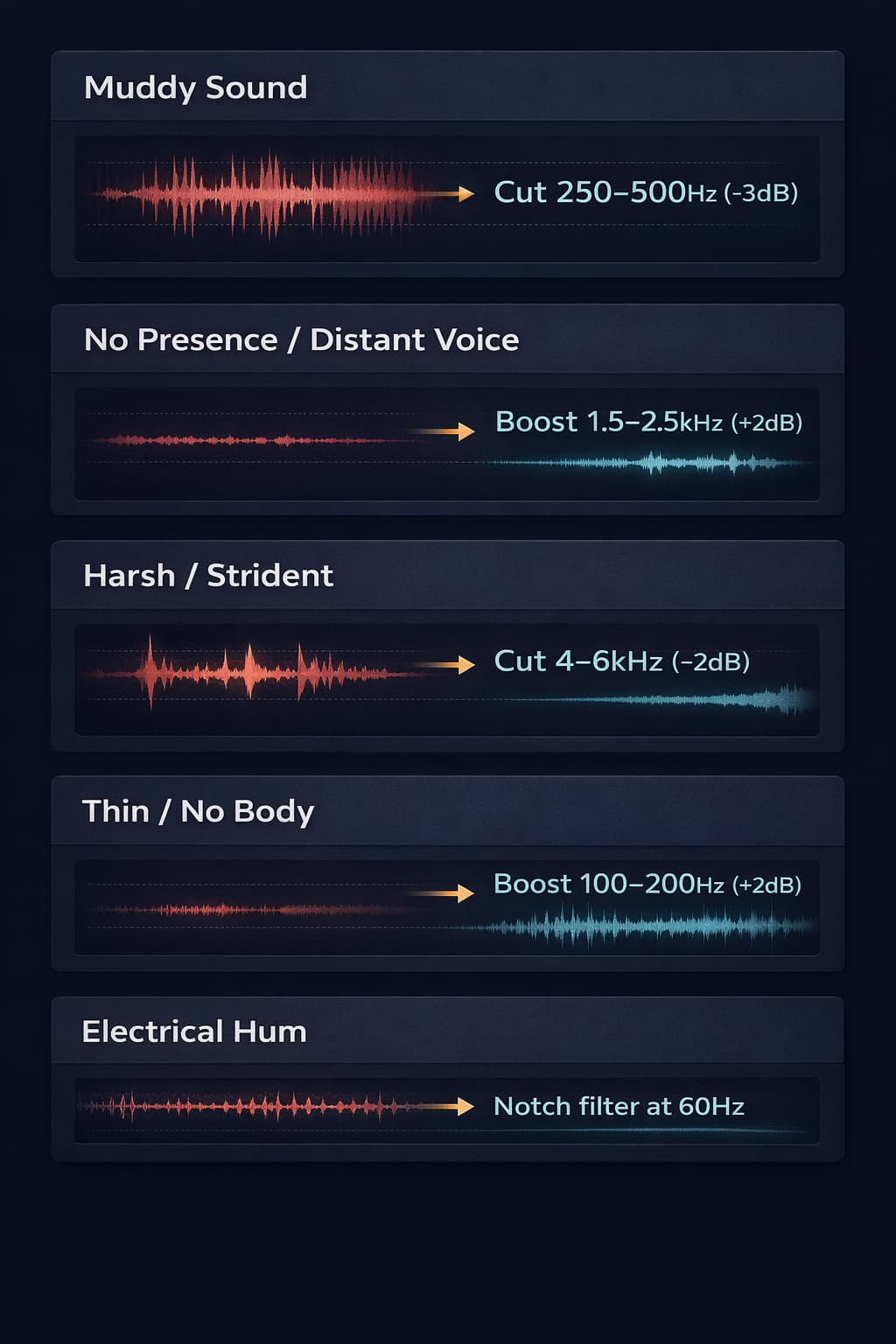 Infographic with the most common audio quality problems and recommended equalization solutions for each case