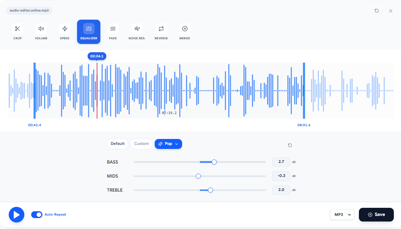 Audio-Editor Online equalizer screenshot with the Pop preset and bass, mids, and treble controls
