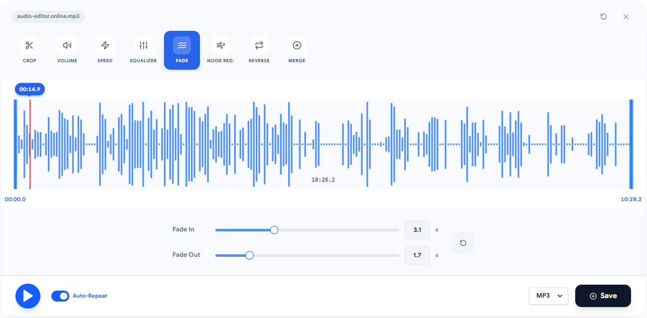 Audio-Editor Online screenshot with separate fade in and fade out duration controls