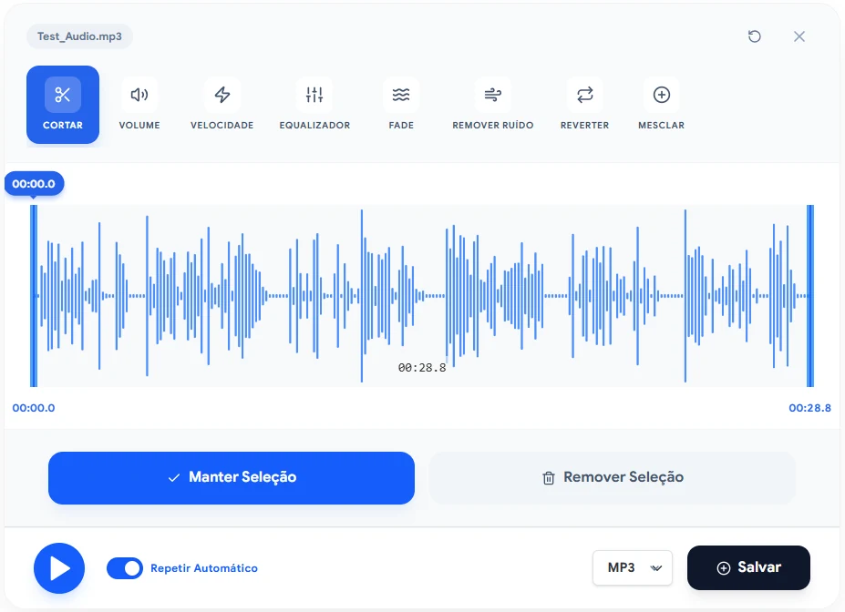 Audio-Editor Online upload screen with a short test sample prepared for volume normalization
