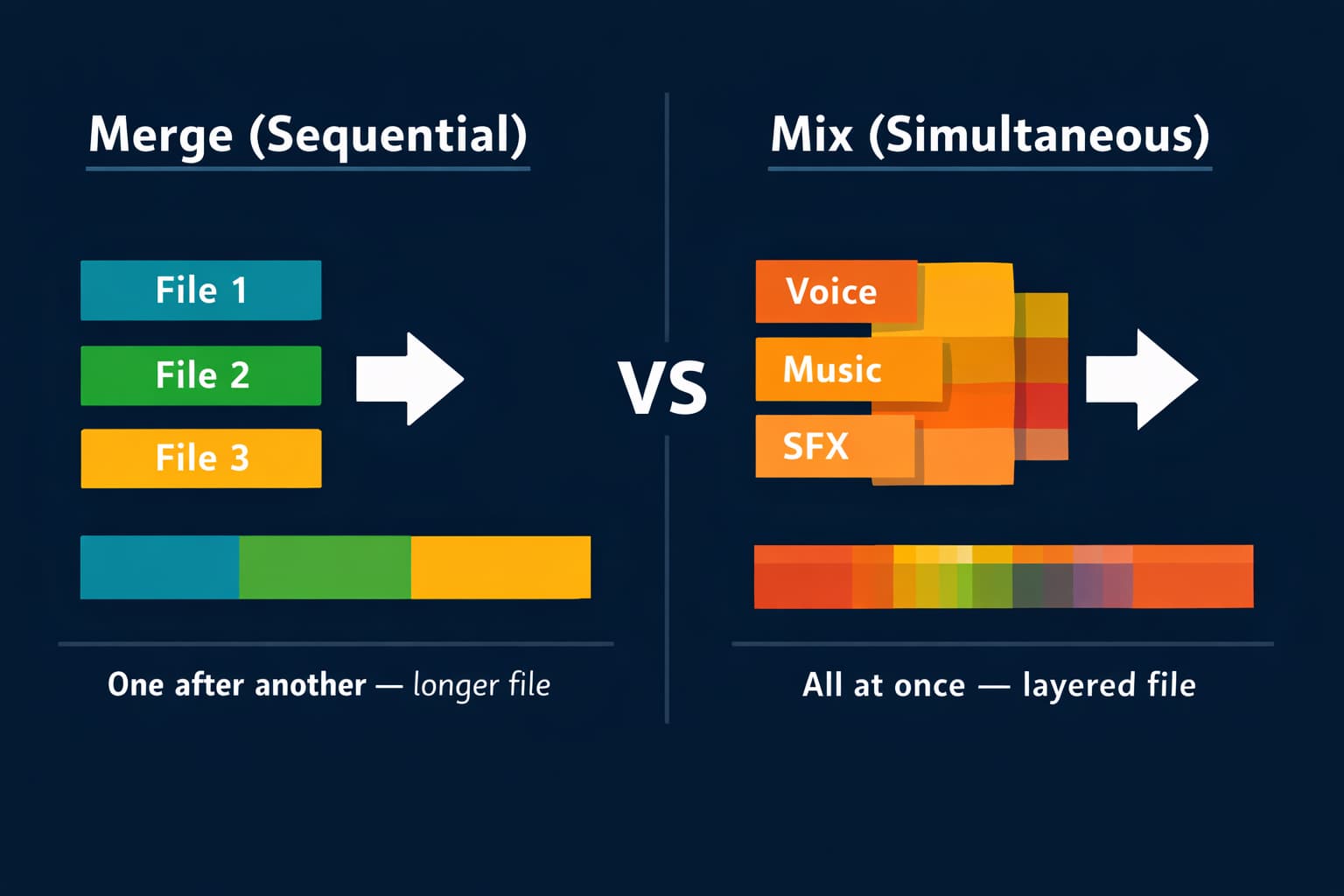 Comparative diagram between merging audio (files in sequence, one after another) and mixing audio (files overlaid playing simultaneously)