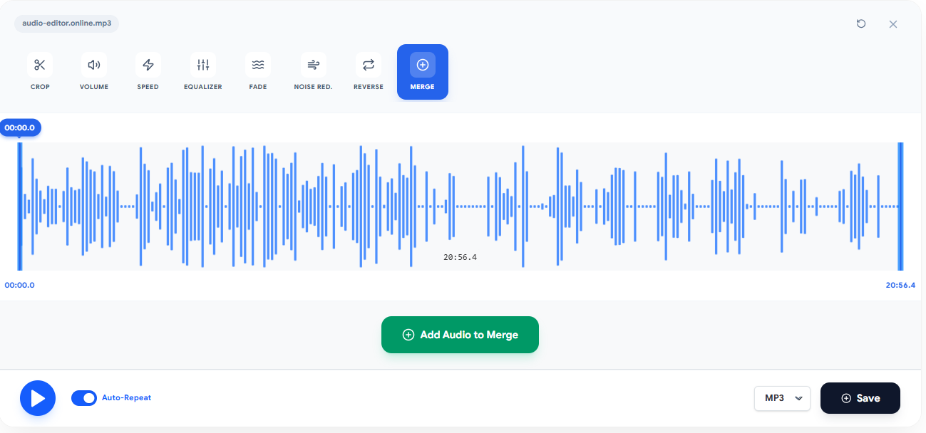 Audio-Editor Online merge tool screenshot with a button to add another audio file