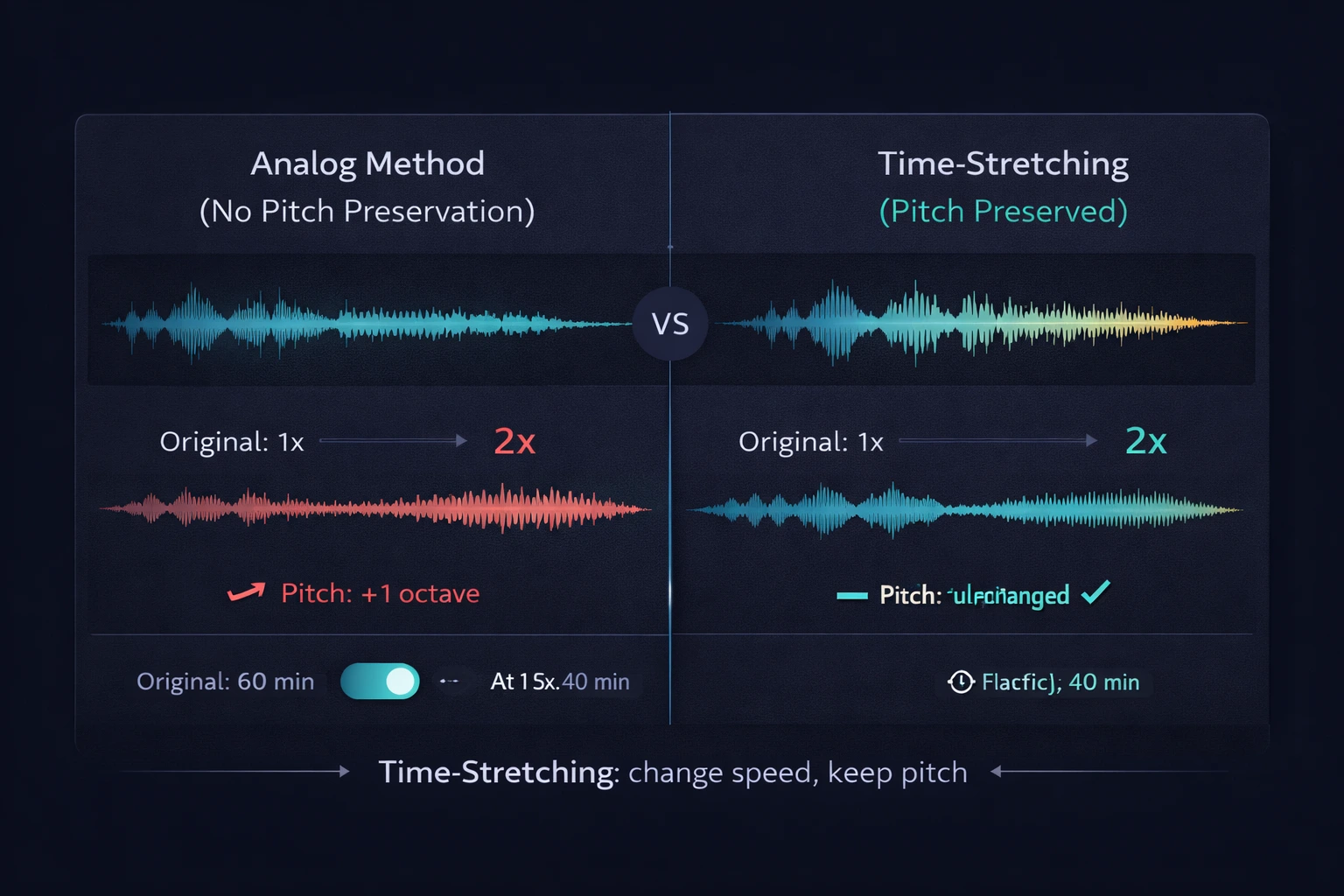 Comparative diagram between speed change with and without pitch preservation: analog method (pitch changes with speed) vs time-stretching (pitch preserved)