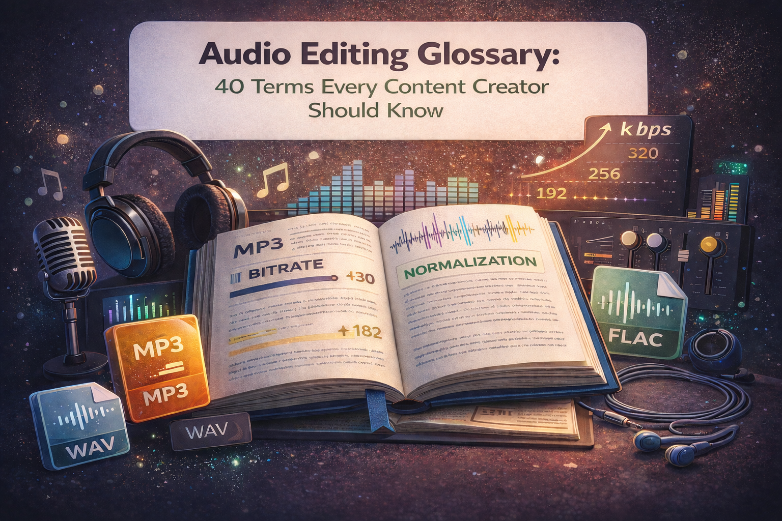 Visual representation of an audio glossary showing sound terms like MP3, bitrate, normalization and wave forms floating around a dictionary