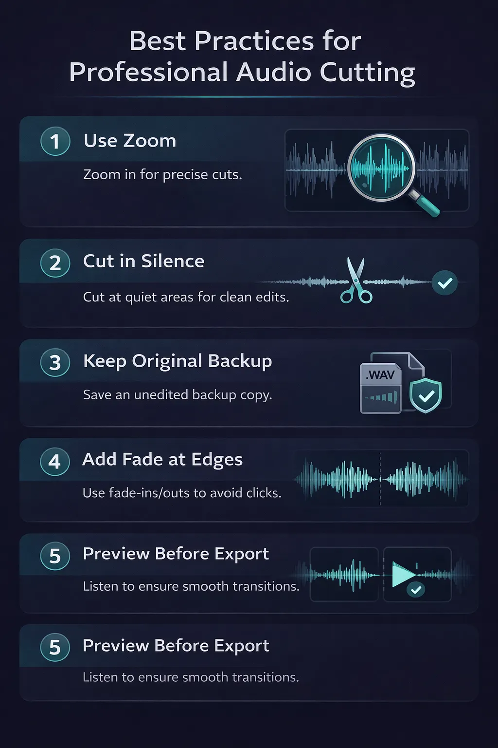 Ilustração com as cinco boas práticas de corte de áudio profissional: zoom na forma de onda, corte no silêncio, backup do original, fade nas bordas e verificação da transição