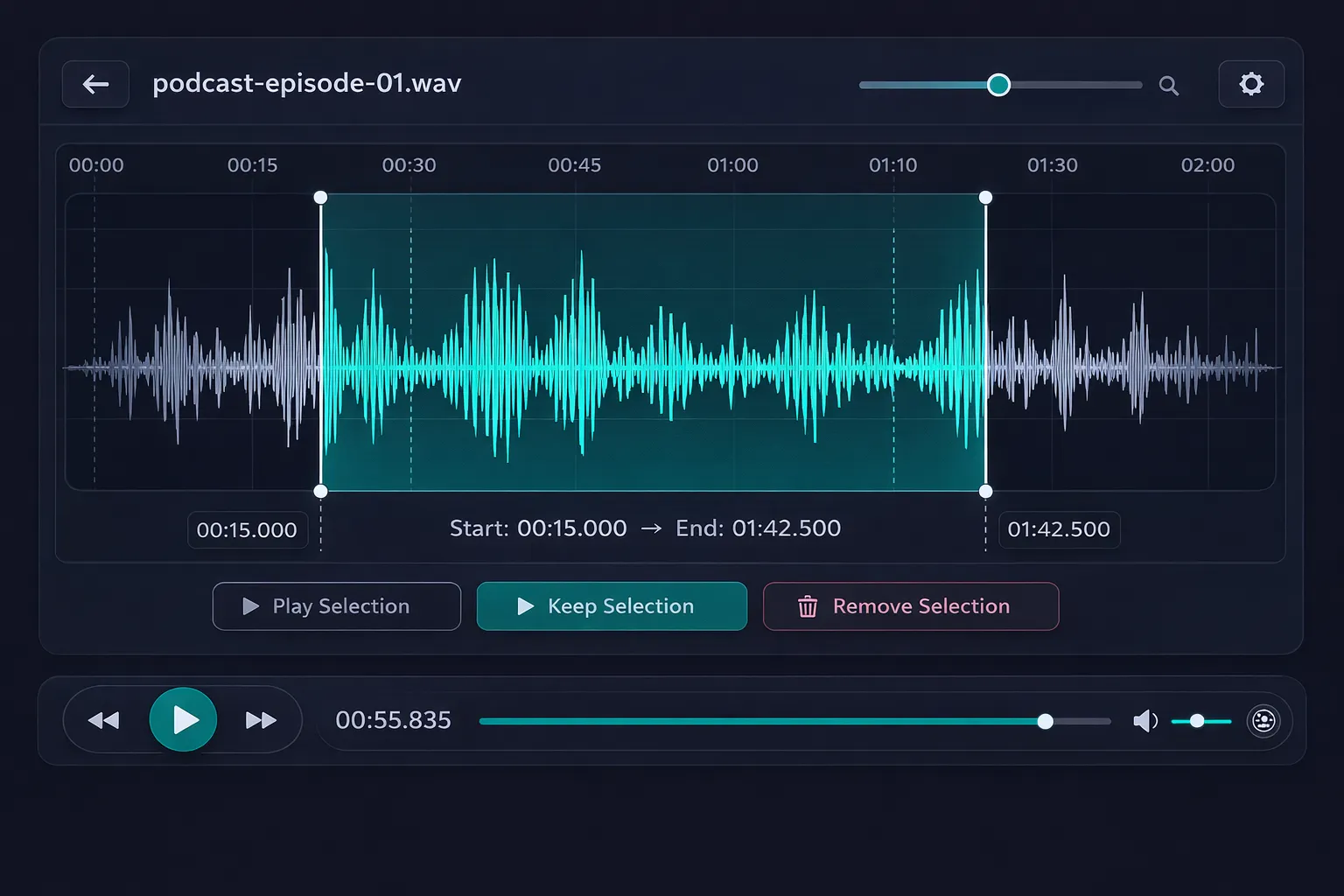Interface da ferramenta de corte de áudio do Audio-Editor Online com região selecionada na forma de onda e botões de manter e remover seleção
