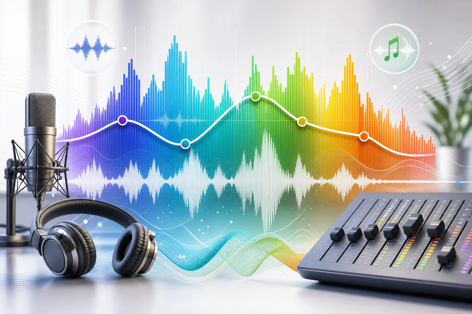 Online equalizer applied to voice, music and podcasts with a colorful frequency curve