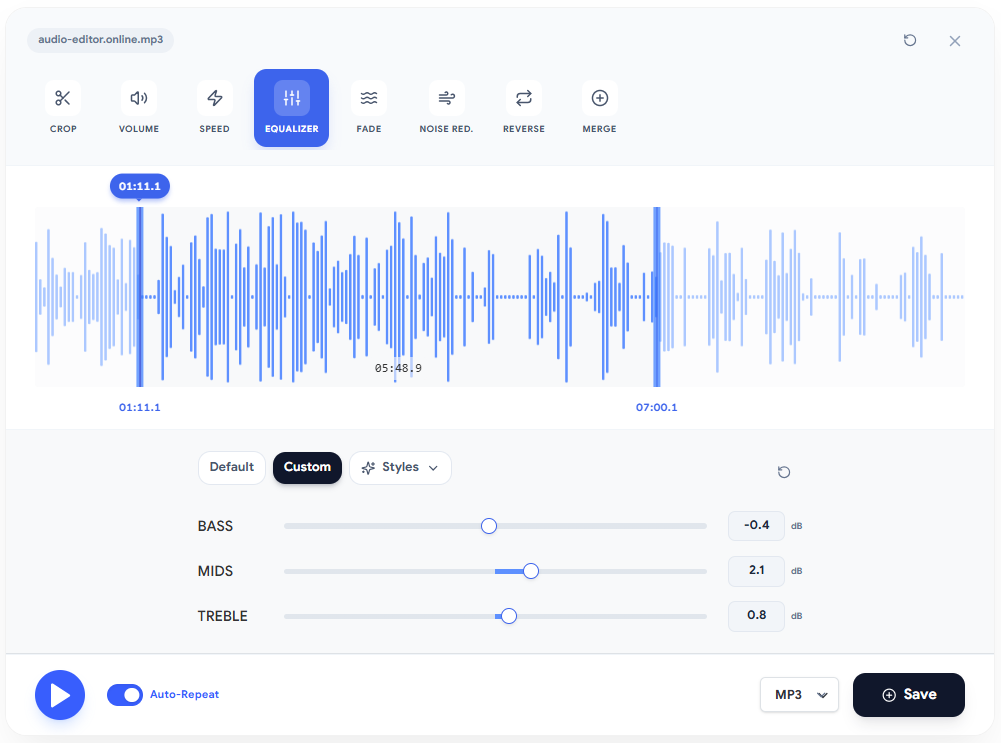 Screenshot of the online equalizer with an applied frequency curve and gain controls