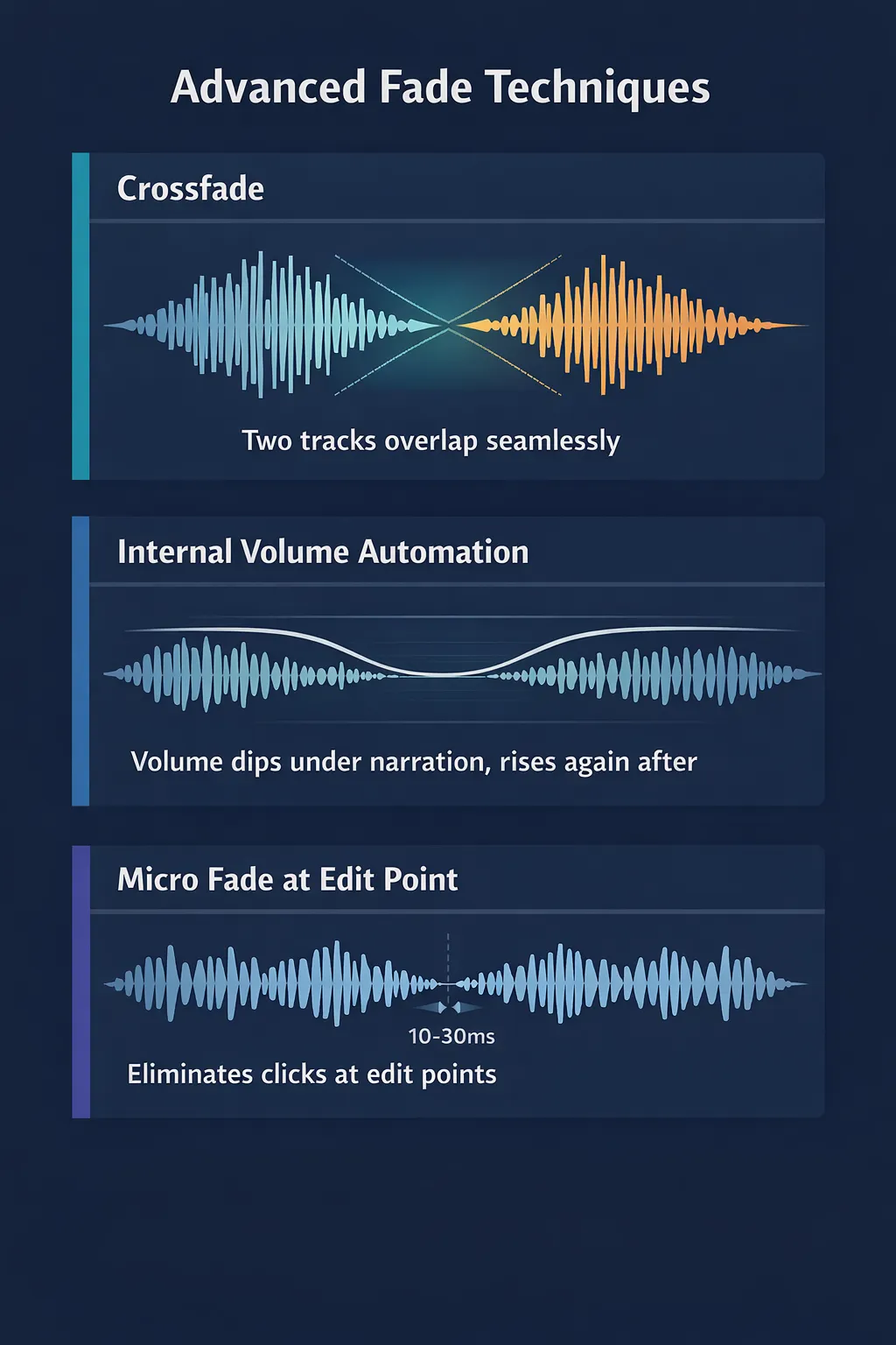 Ilustração mostrando três técnicas avançadas de fade: crossfade entre faixas, fade interno para automação de volume e micro fade para suavizar cortes de edição