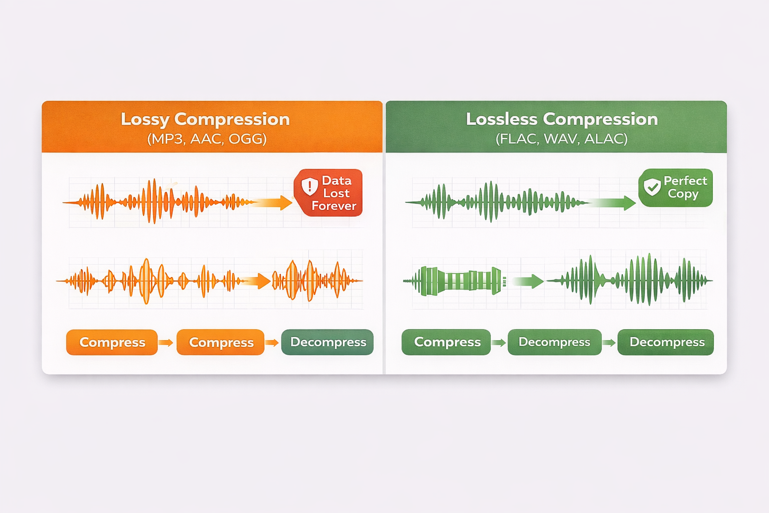 Diagram explaining the difference between lossy compression like MP3 and lossless compression like FLAC and WAV