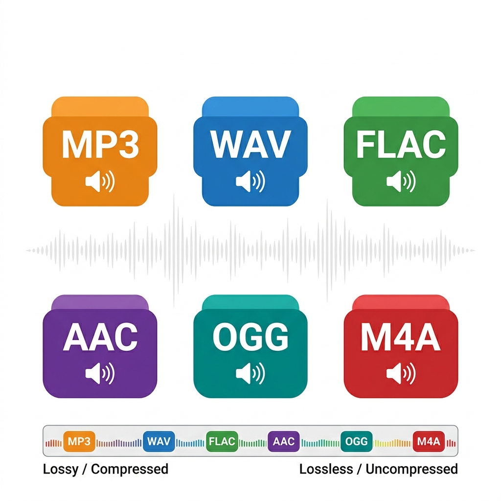 Six audio formats: MP3, WAV, FLAC, AAC, OGG and M4A with compression and quality comparison