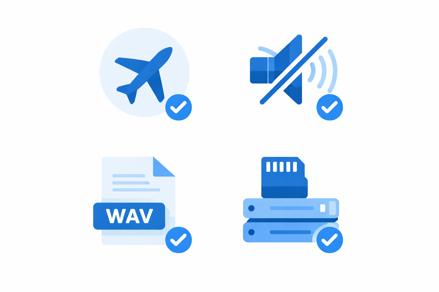 Infográfico com quatro configurações essenciais para gravação de áudio no celular: modo avião, processamento desativado, formato WAV e armazenamento livre