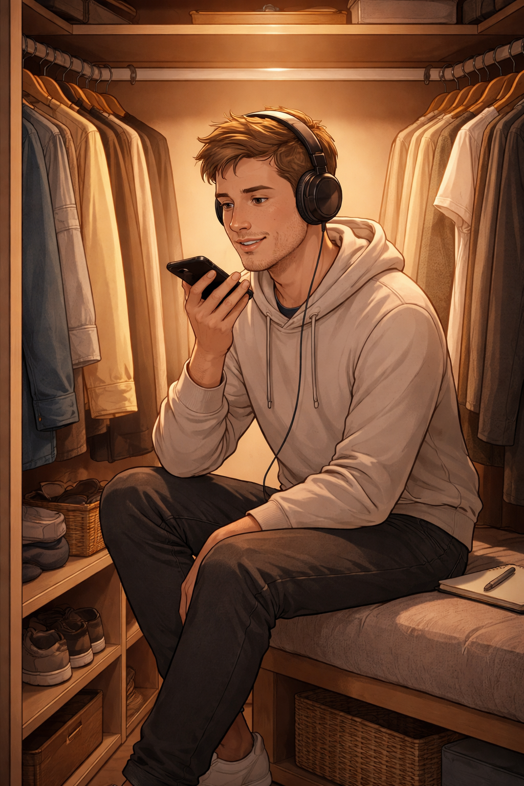 Pessoa gravando áudio em closet cheio de roupas com celular — solução econômica para reduzir eco sem tratamento acústico