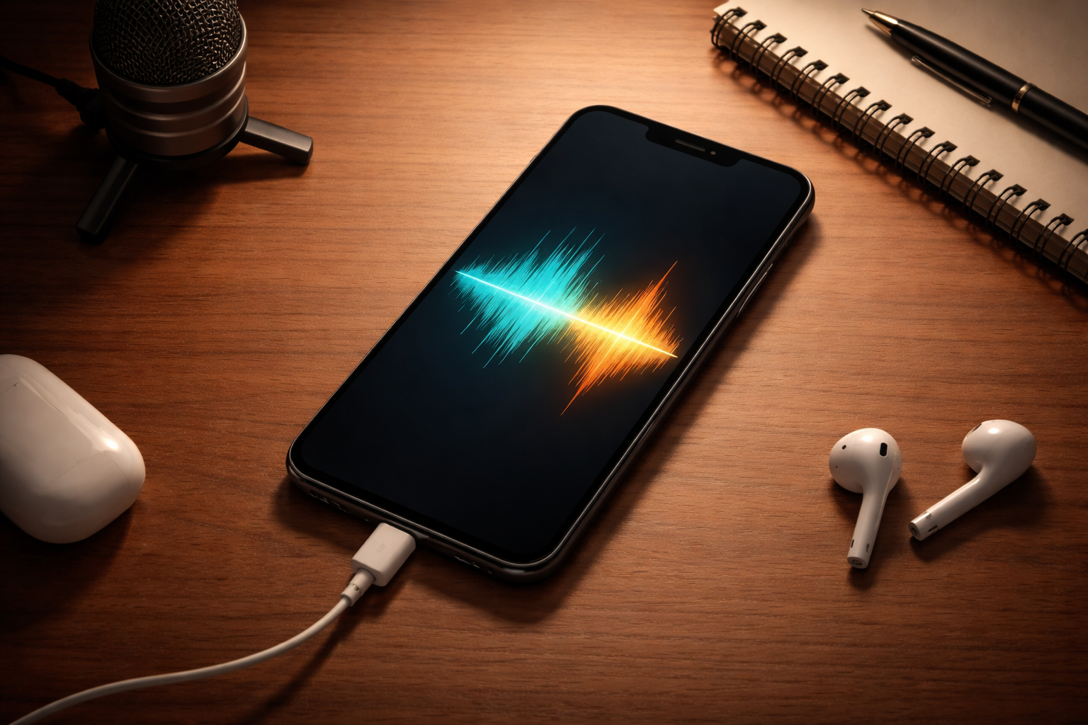 Celular em mesa com forma de onda na tela, microfone e acessórios ao redor — como gravar áudio pelo celular com qualidade