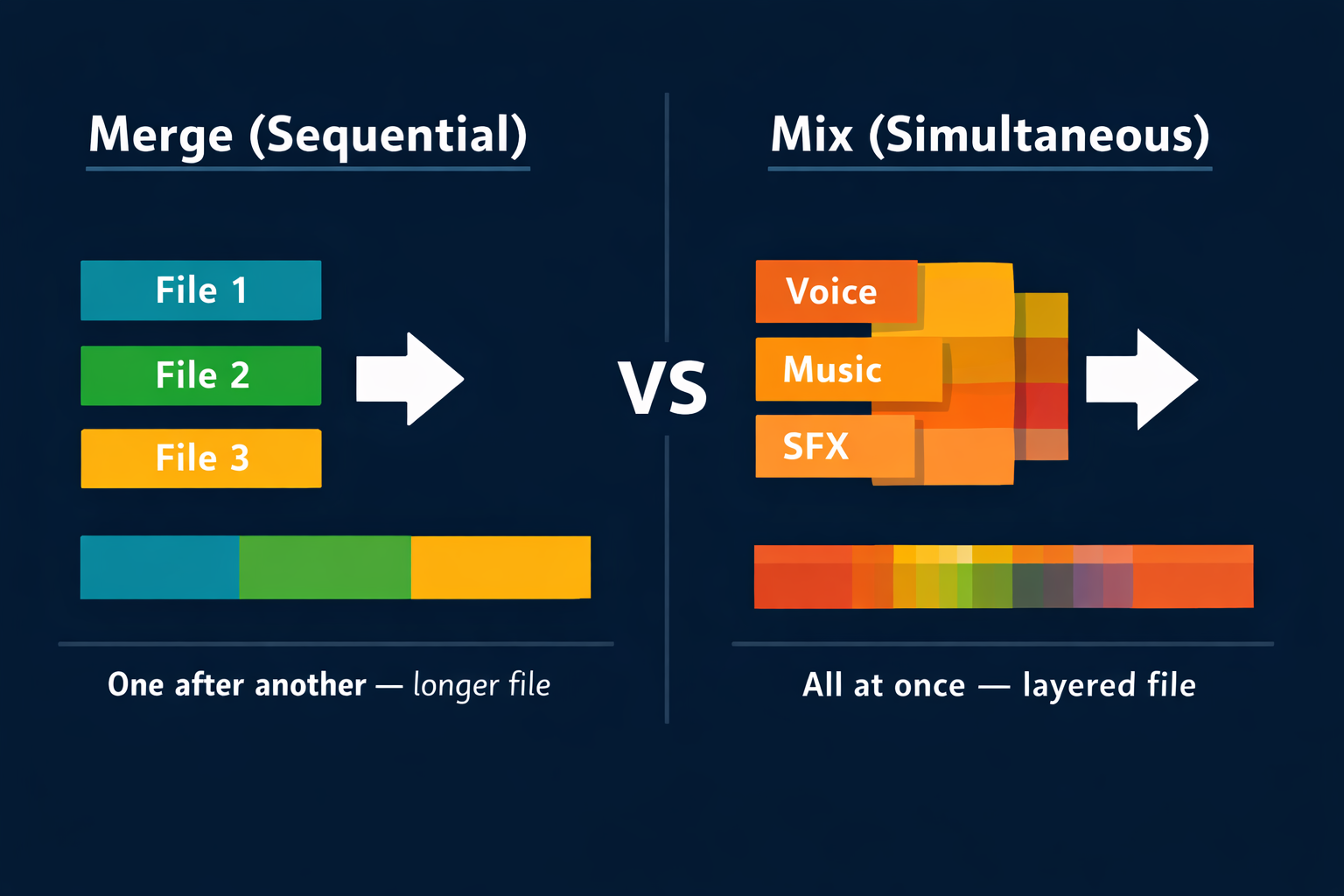 Diagrama comparativo entre mesclar áudio (arquivos em sequência, um após o outro) e mixar áudio (arquivos sobrepostos tocando simultaneamente)