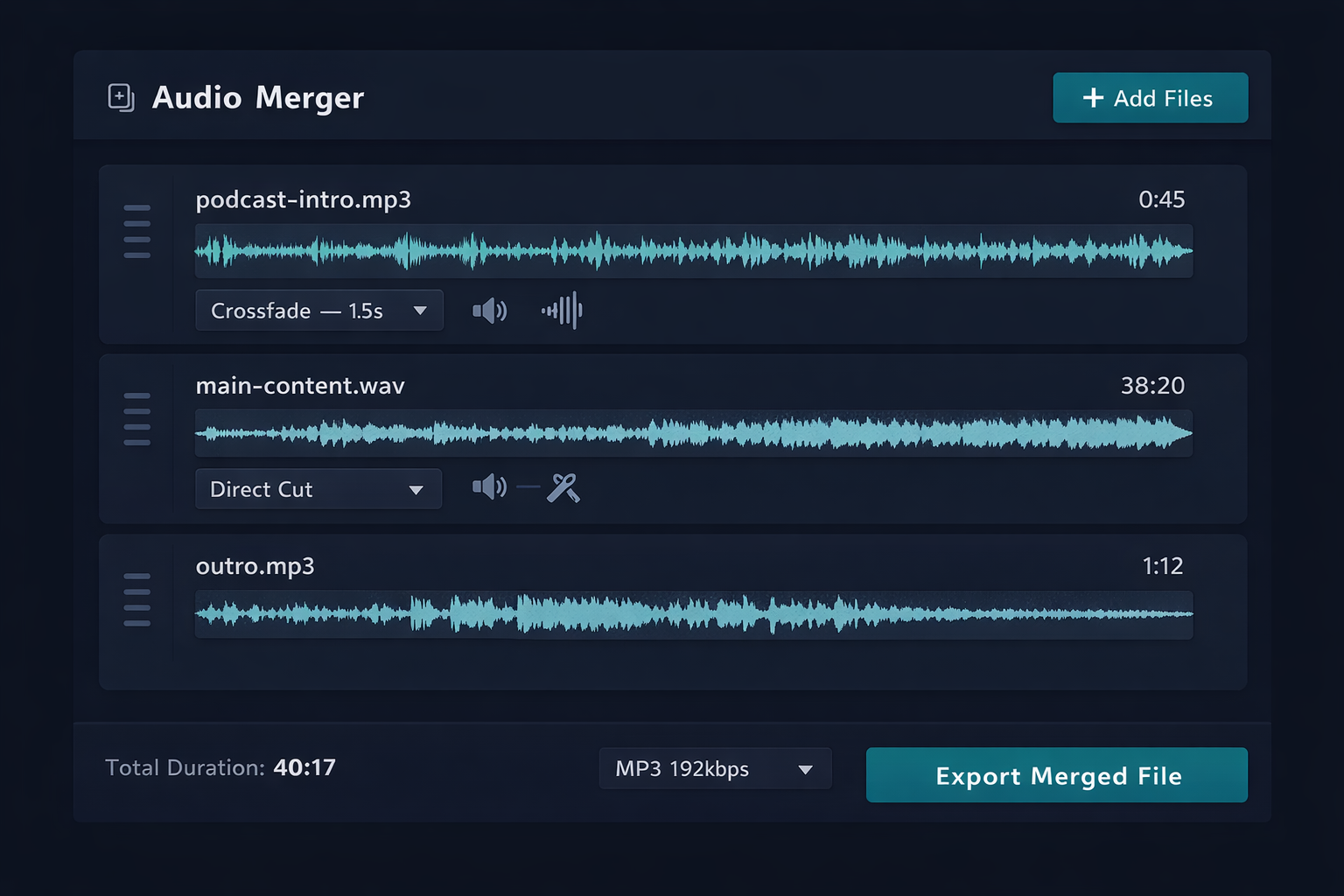 Interface da ferramenta de mesclagem do Audio-Editor Online mostrando lista de arquivos em ordem com opções de transição entre cada segmento