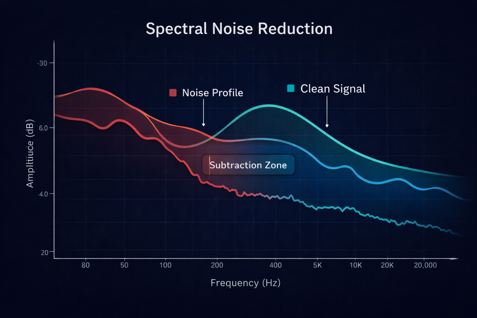 Diagrama técnico mostrando o processo de subtração espectral usado na redução de ruído digital