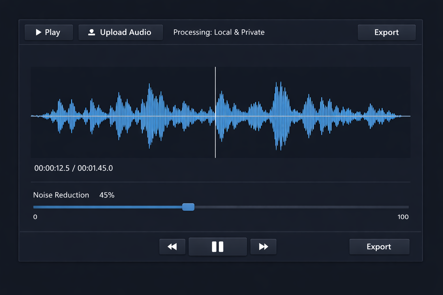 Interface da ferramenta de redução de ruído online do Audio-Editor Online com controle deslizante de intensidade