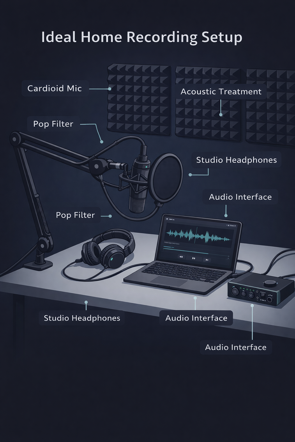 Ilustração de setup ideal para gravação caseira de podcast com microfone cardióide, interface de áudio e painéis de tratamento acústico