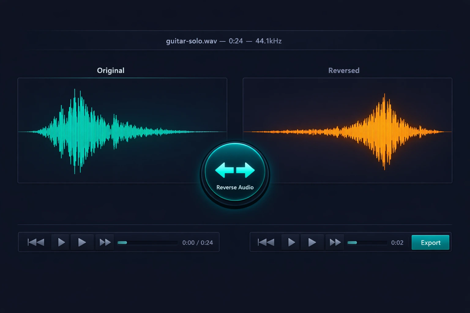 Interface da ferramenta de reversão de áudio do Audio-Editor Online mostrando a forma de onda original e o botão de reverter, com prévia do resultado